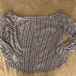 Express Blue Striped Off-Shoulder Button Down Shirt
